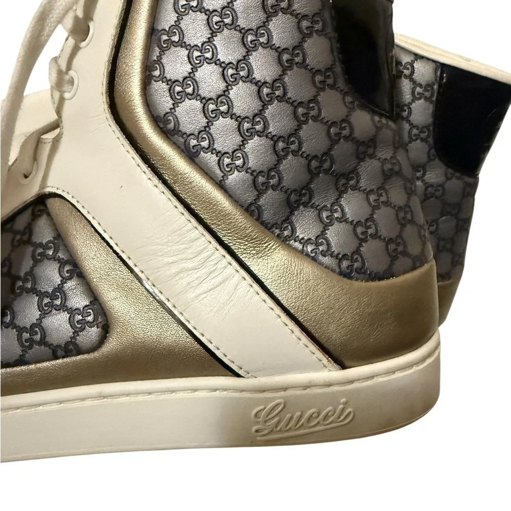 Gucci classic leather Gucciissima hi-top sneakers. Silver and metallic colors